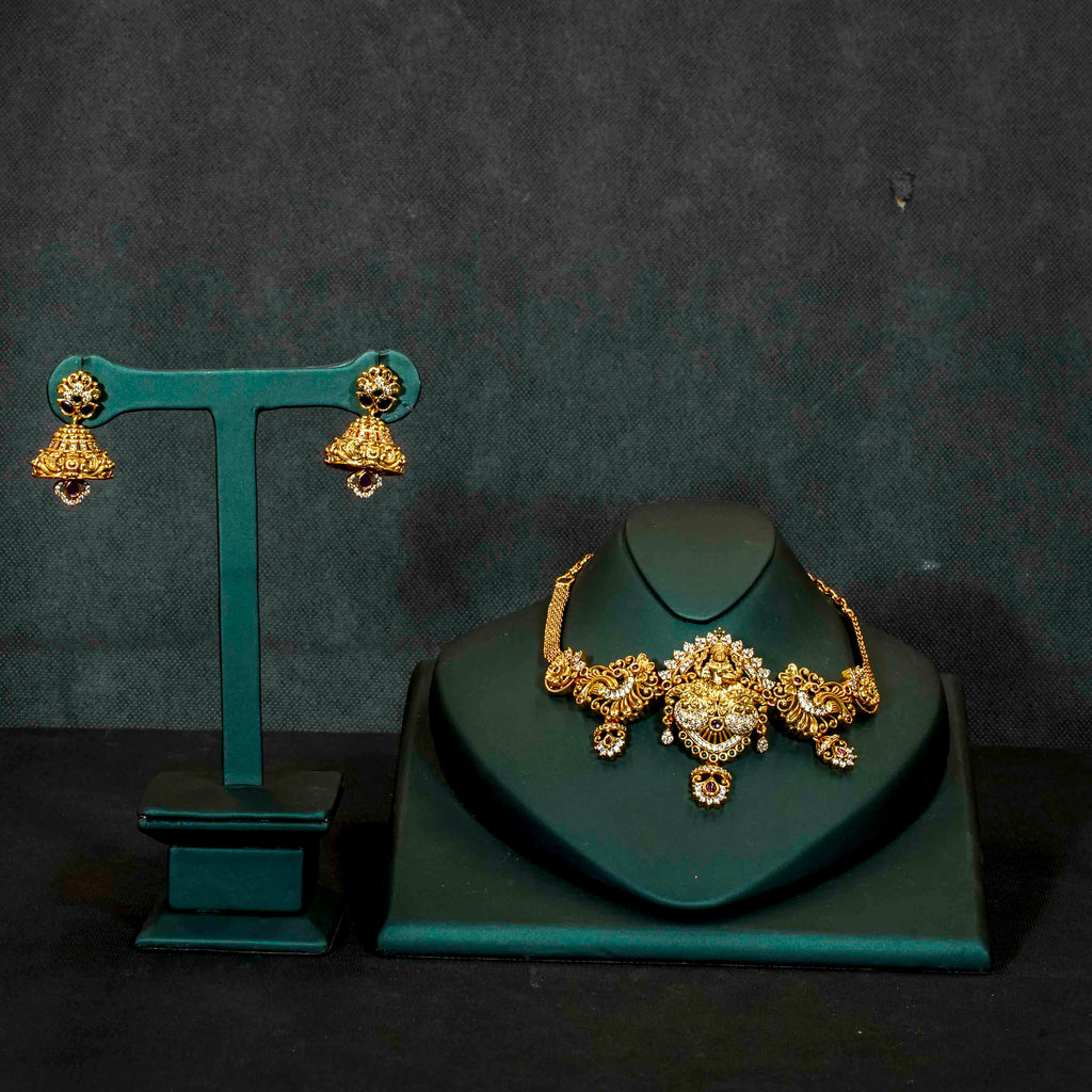 Choker necklace, set with American Diamond stones, Lakshmi and peacock motifs. Ahankaraka AKCK02.
