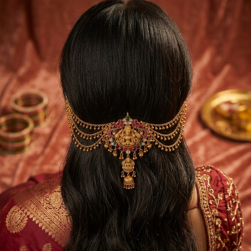 Jadabilla hair ornament, Lakshmi and peacock motifs. Ahankaraka AKJB05.