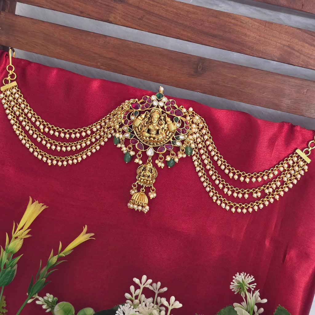 Jadabilla hair ornament, set with pearls, Lakshmi and peacock motifs. Ahankaraka AKJB04.