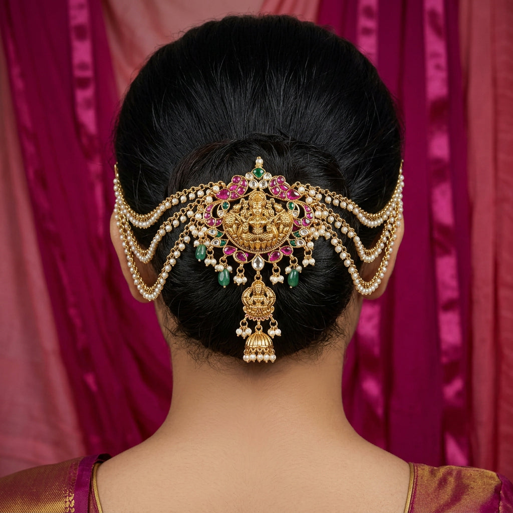 Jadabilla hair ornament, set with pearls, Lakshmi and peacock motifs. Ahankaraka AKJB04.