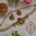 Choker necklace, set with pearls, Lakshmi and peacock motifs. Ahankaraka AKCK07.