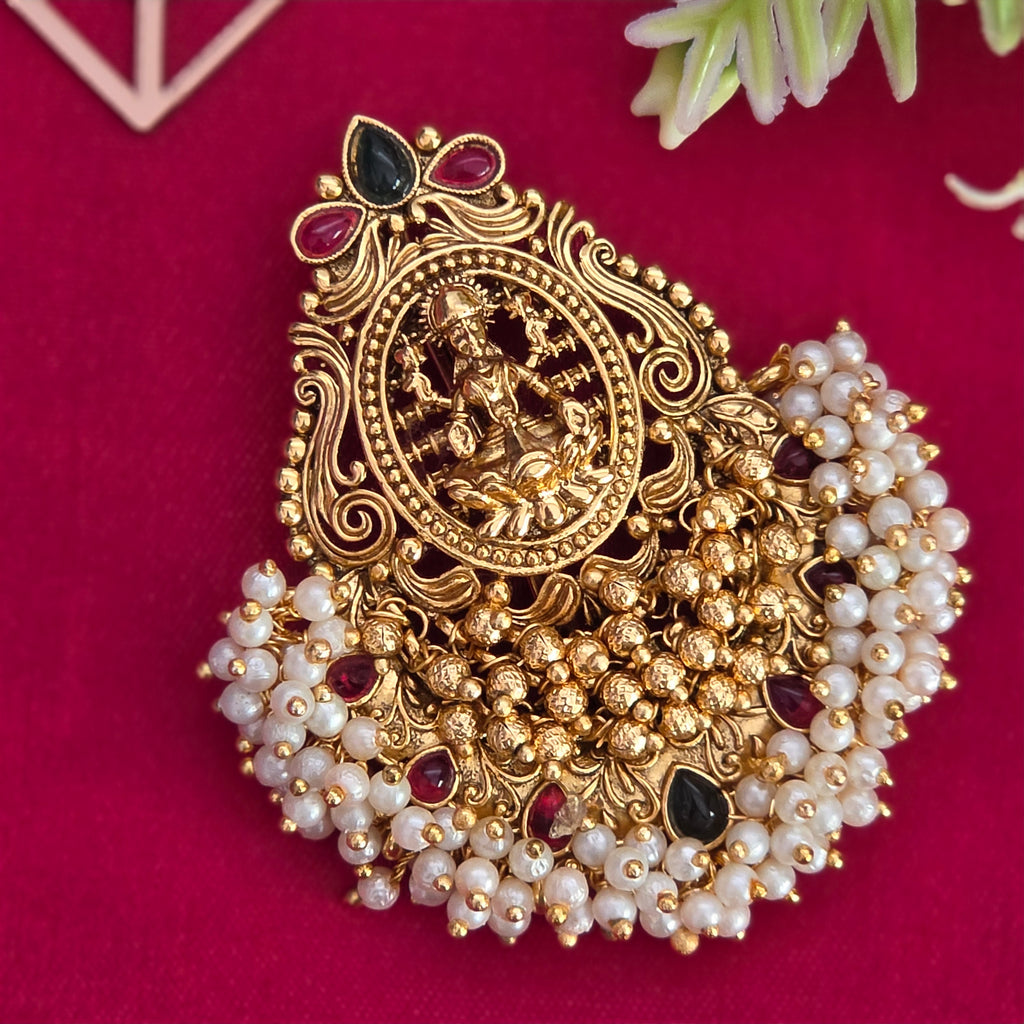 Hair pin, set with pearls and gold beads, Lakshmi motif. Ahankaraka AKHP06.