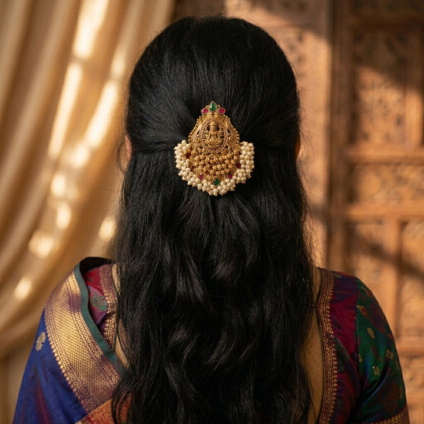 Hair pin, set with pearls and gold beads, Lakshmi motif. Ahankaraka AKHP06.
