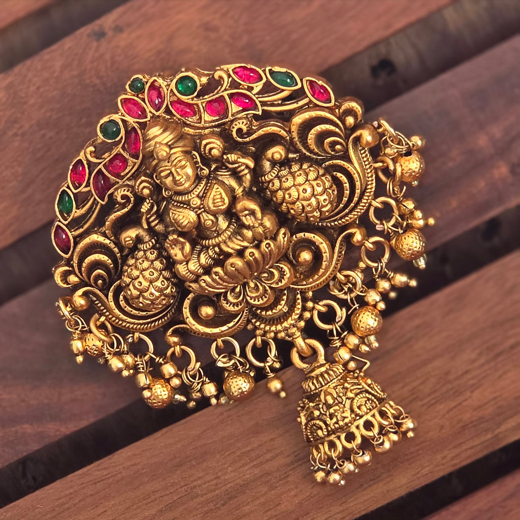 Hair pin, set with gold beads, Lakshmi motif. Ahankaraka AKHP10.