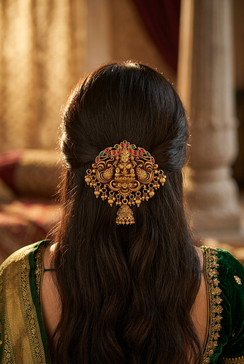 Hair pin, set with gold beads, Lakshmi motif. Ahankaraka AKHP10.