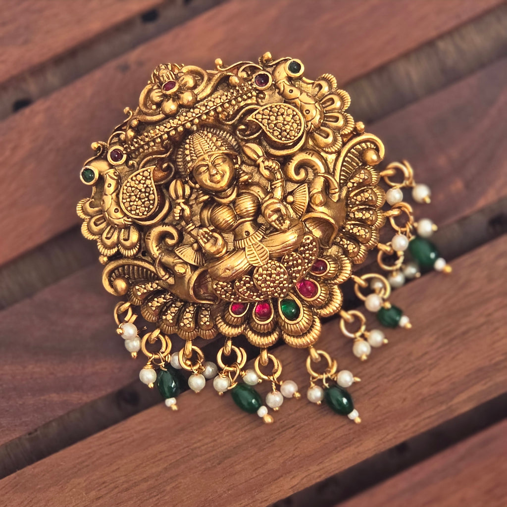 Hair pin, set with pearls and green beads, Lakshmi motif. Ahankaraka AKHP09.