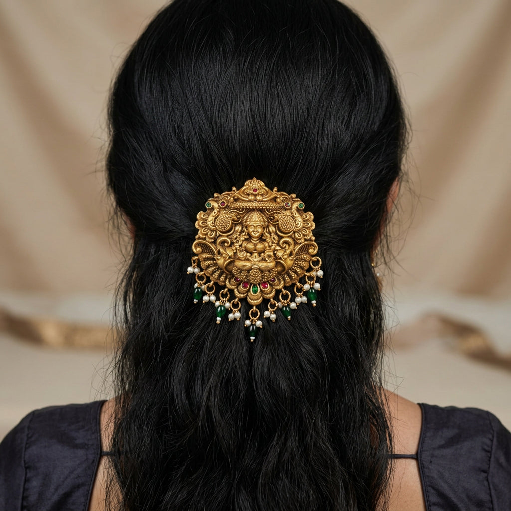 Hair pin, set with pearls and green beads, Lakshmi motif. Ahankaraka AKHP09.