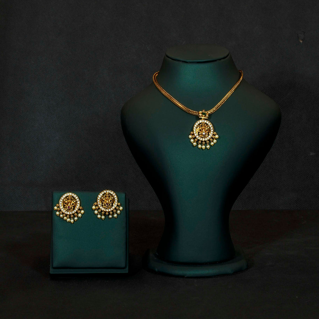 Choker necklace, set with American Diamond stones, Lakshmi motif. Ahankaraka AKCK18.