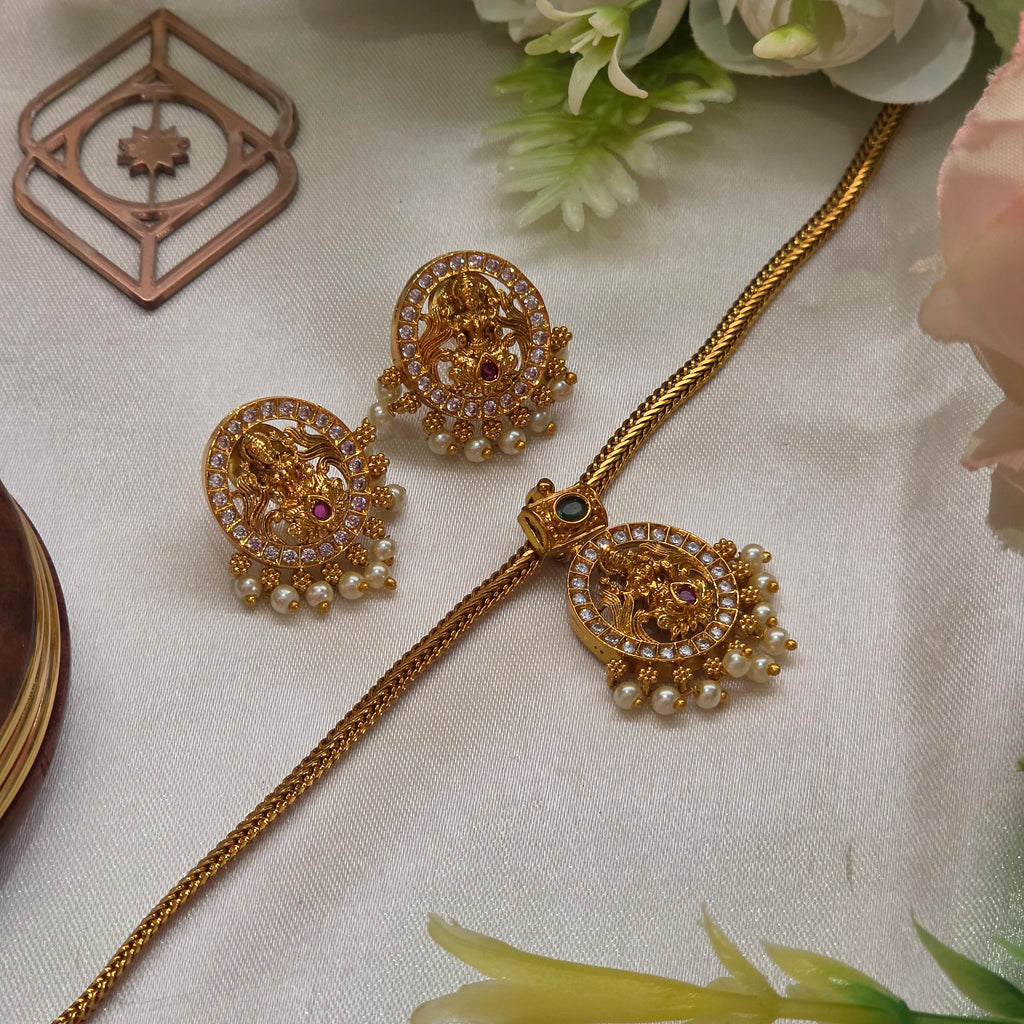 Choker necklace, set with American Diamond stones, Lakshmi motif. Ahankaraka AKCK18.