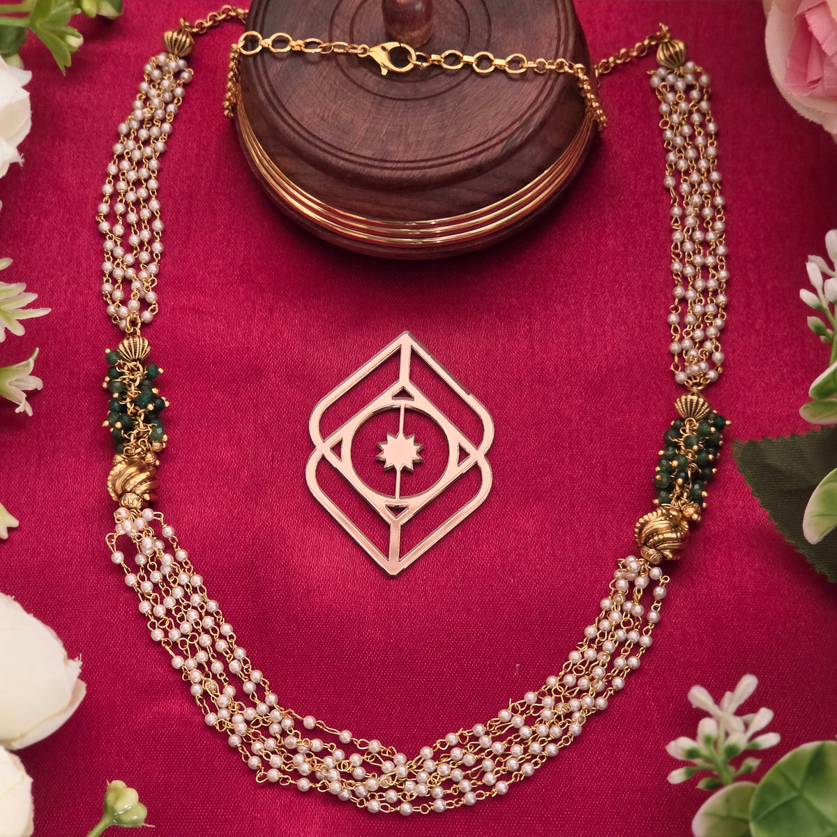 Mid length necklace, set with pearls and green beads. Ahankaraka AKMLN11.