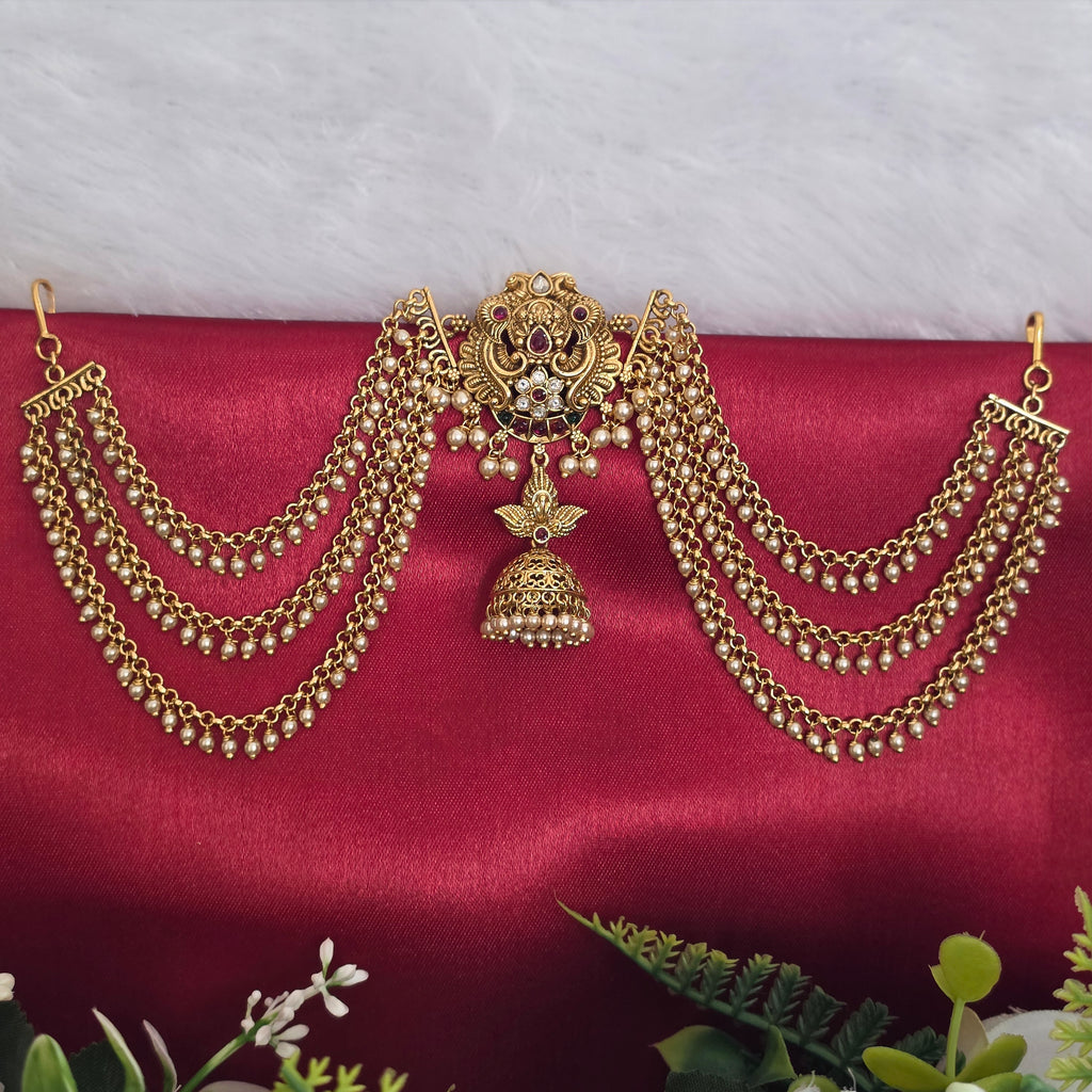 Jadabilla hair ornament, set with pearls, peacock motif. Ahankaraka AKJB01.