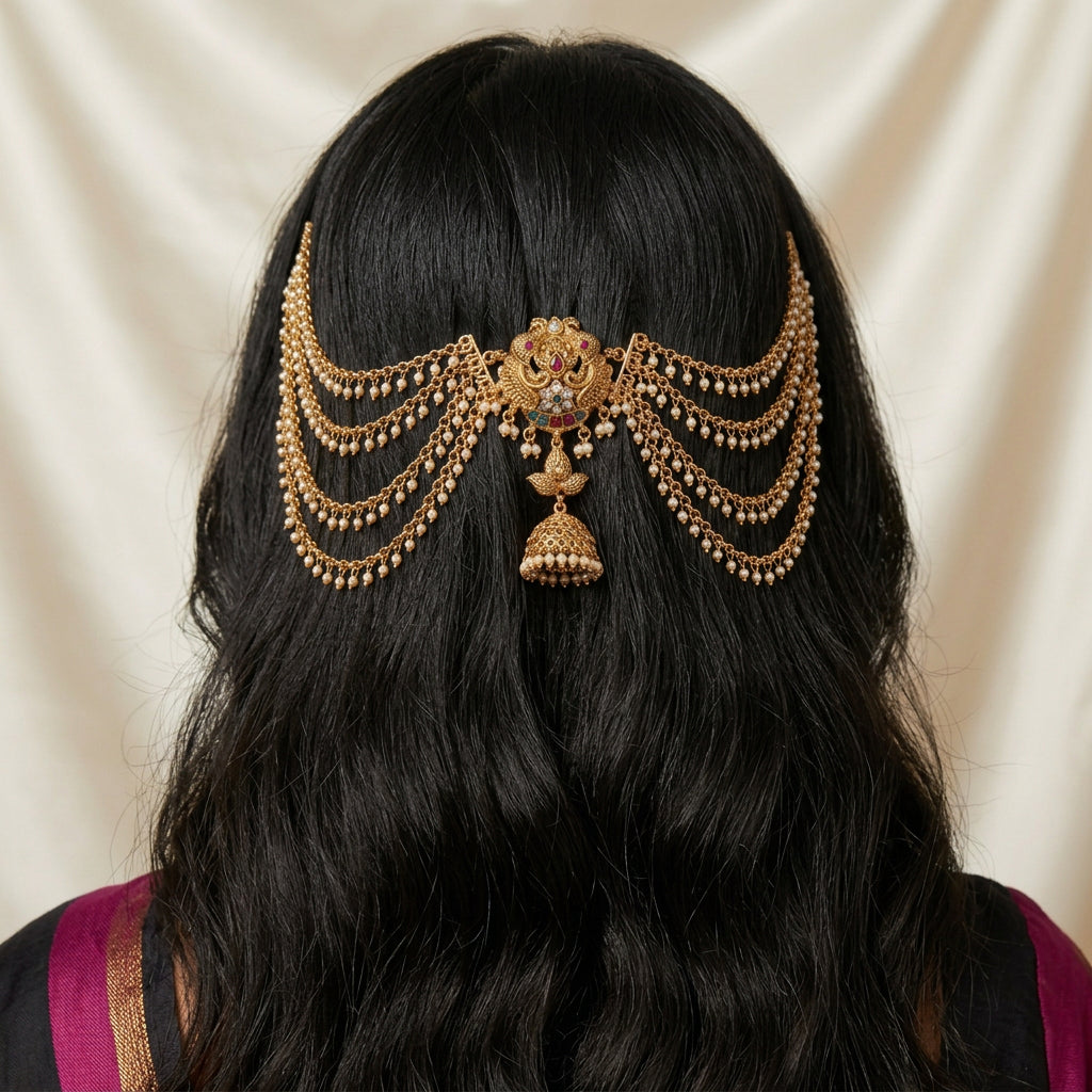 Jadabilla hair ornament, set with pearls, peacock motif. Ahankaraka AKJB01.