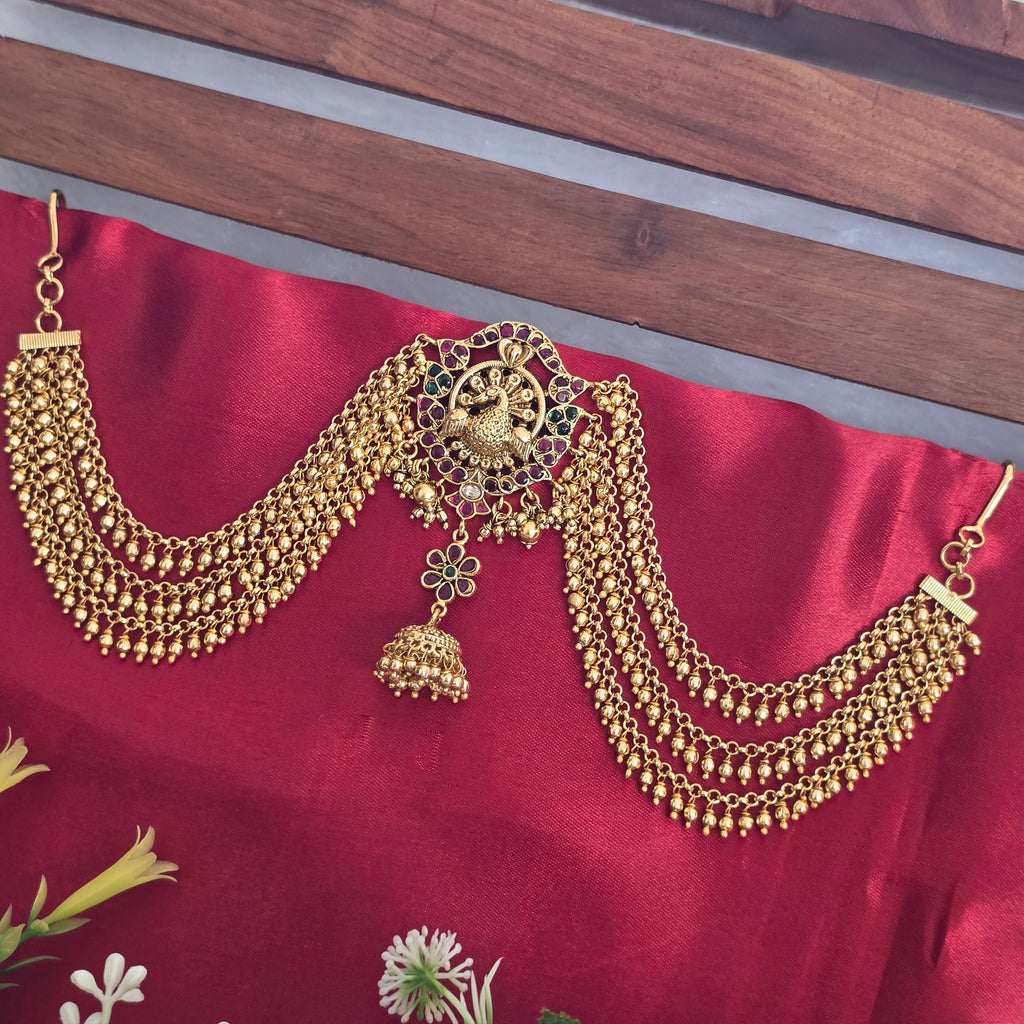 Jadabilla hair ornament, peacock and floral motifs. Ahankaraka AKJB07.