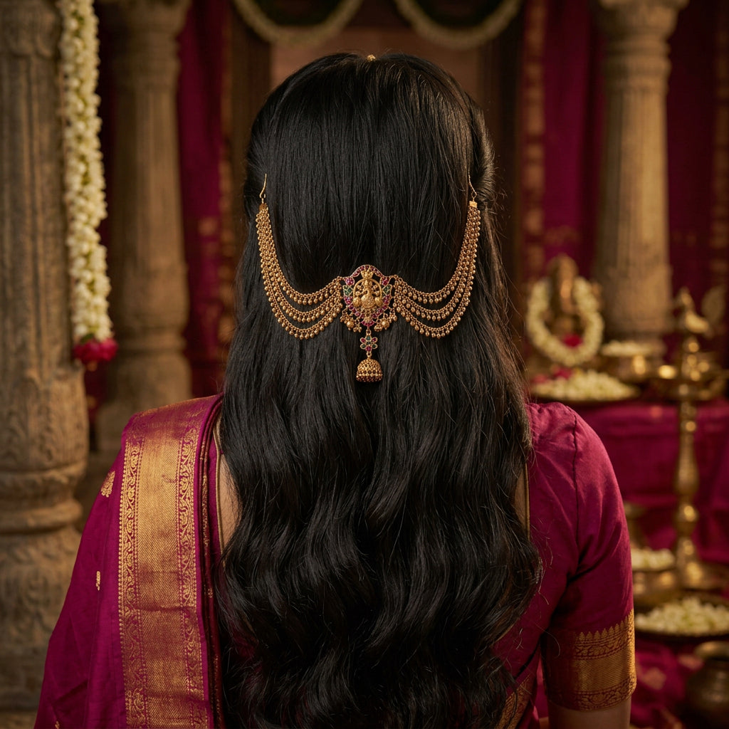 Jadabilla hair ornament, peacock and floral motifs. Ahankaraka AKJB07.