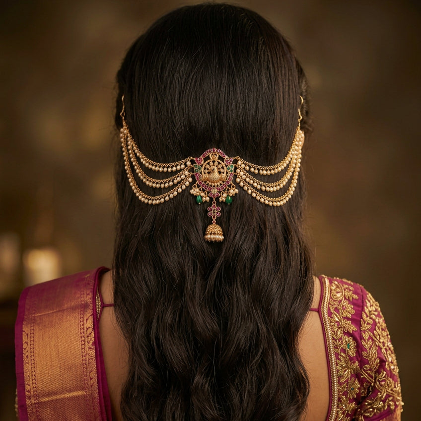 Jadabilla hair ornament, set with pearls, peacock and floral motifs. Ahankaraka AKJB06.