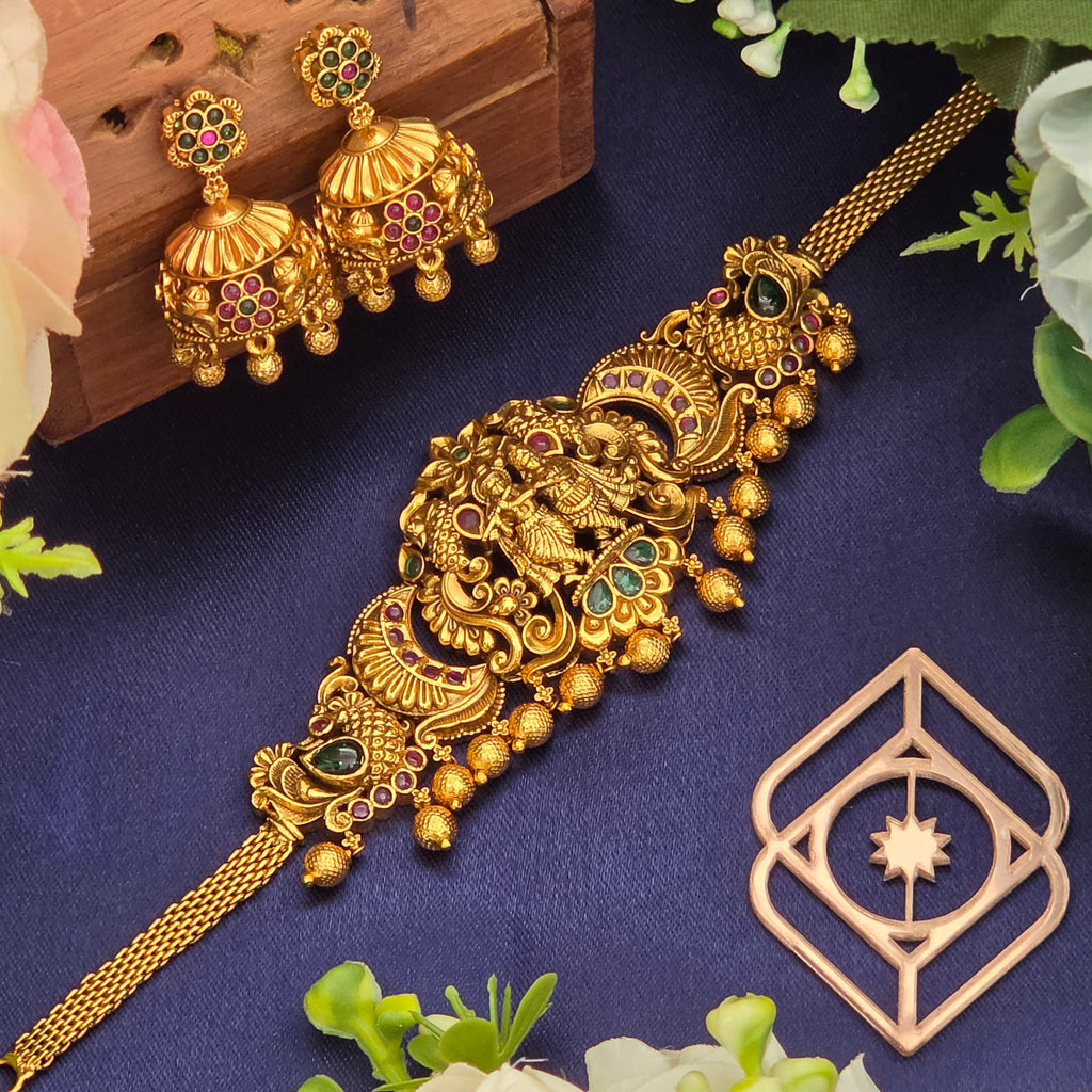 Choker necklace, set with gold beads, Radha and Krishna motif. Ahankaraka AKCK01.