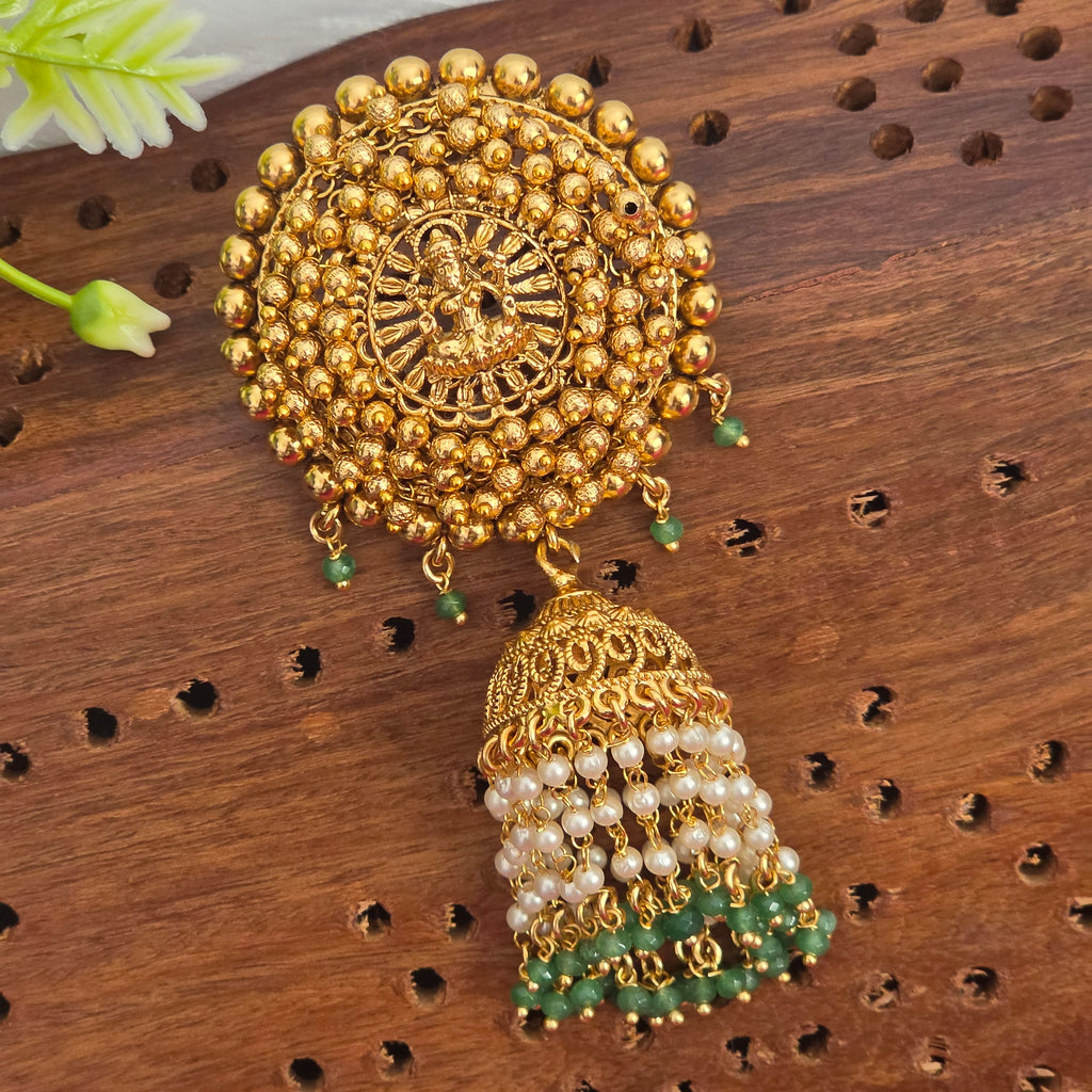 Hair pin, set with mint green beads, Lakshmi motif. Ahankaraka AKHP02.