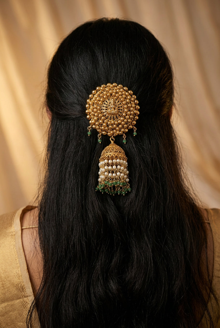 Hair pin, set with mint green beads, Lakshmi motif. Ahankaraka AKHP02.