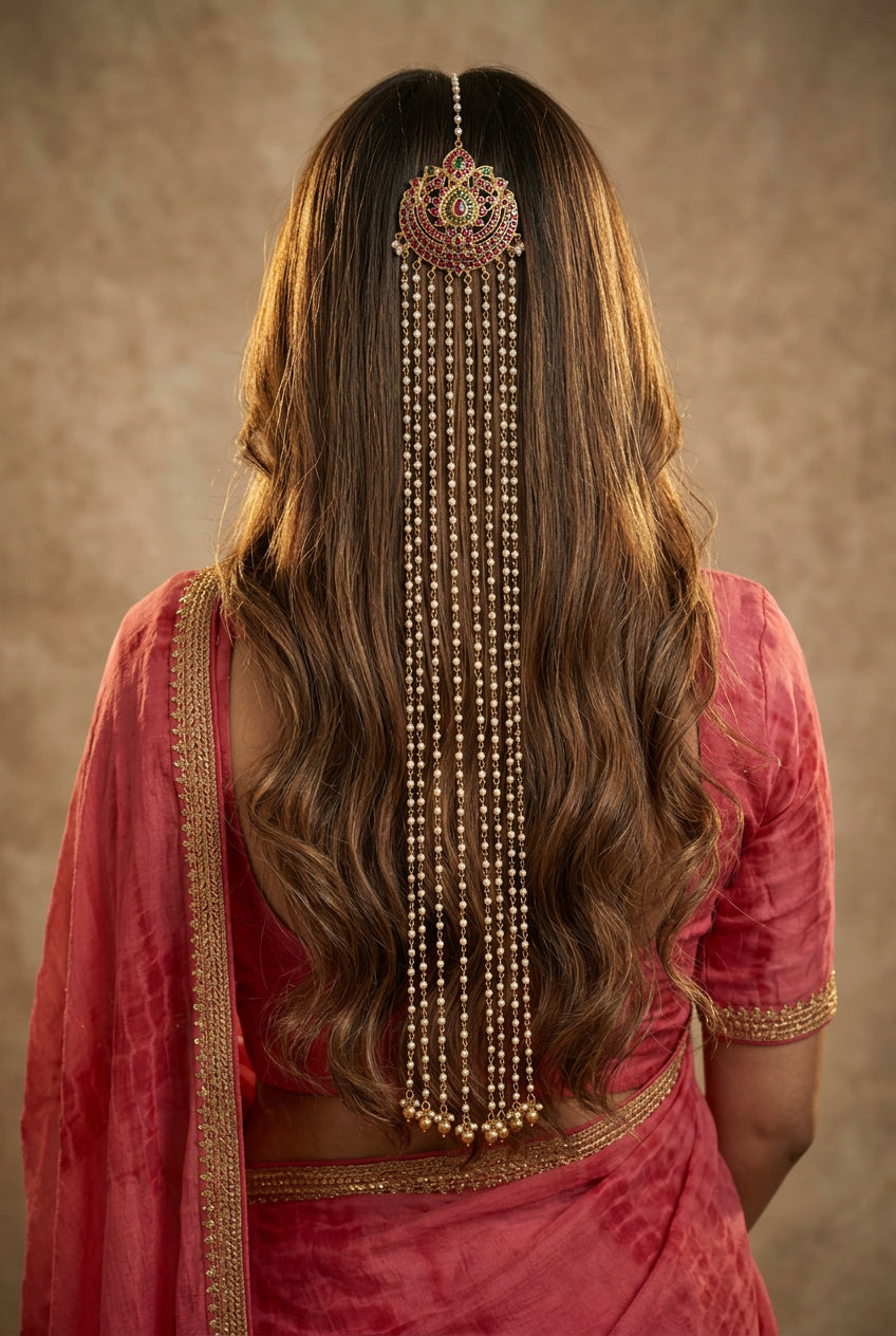Jadabilla hair ornament, set with kemp, peacock motif. Ahankaraka AKJB16.