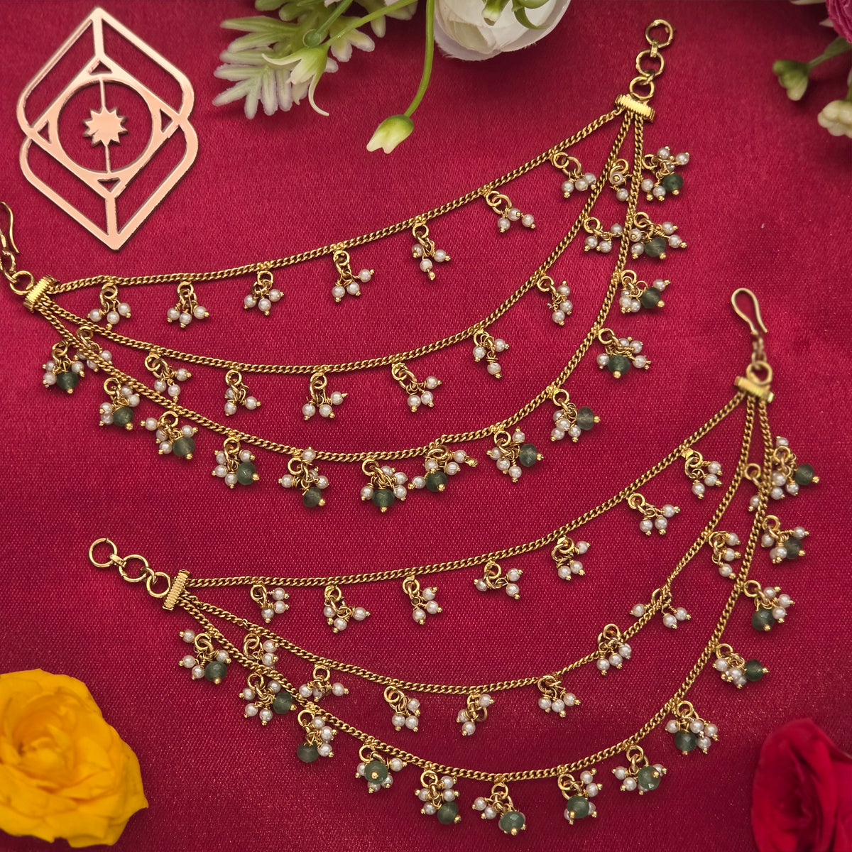 Ear chains, set with pearls and green beads. Ahankaraka AKECH23.