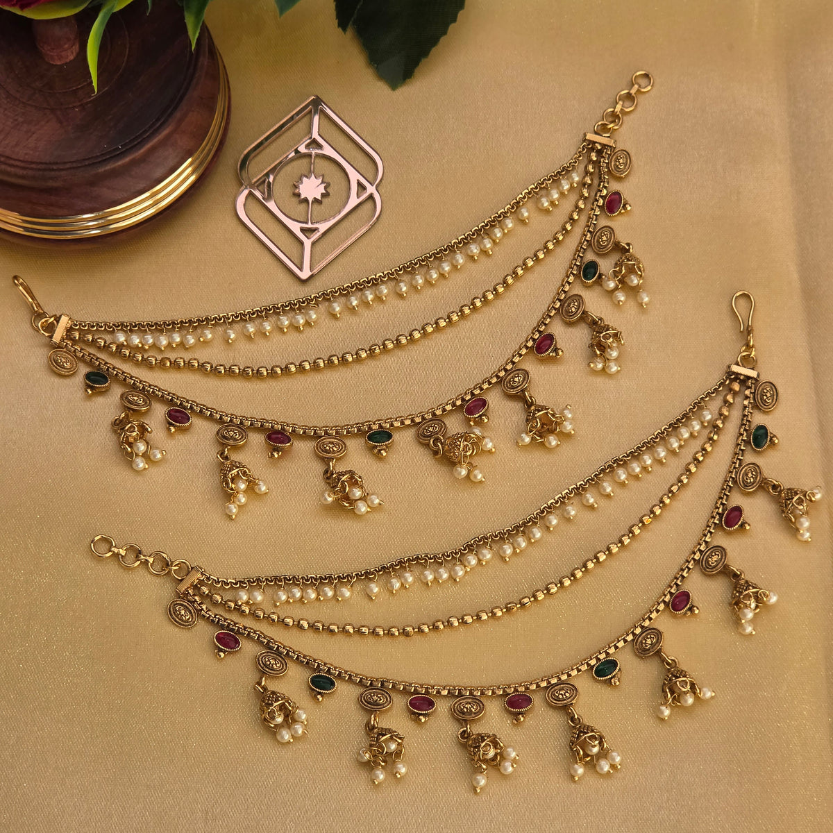 Ear chains, multi stone motif and jhumukas. Ahankaraka AKECH14.