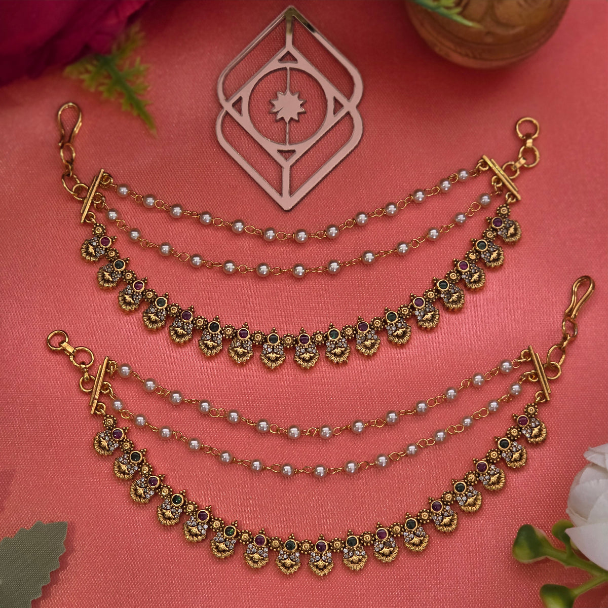 Ear chains, set with stones in several colours. Ahankaraka AKECH09.