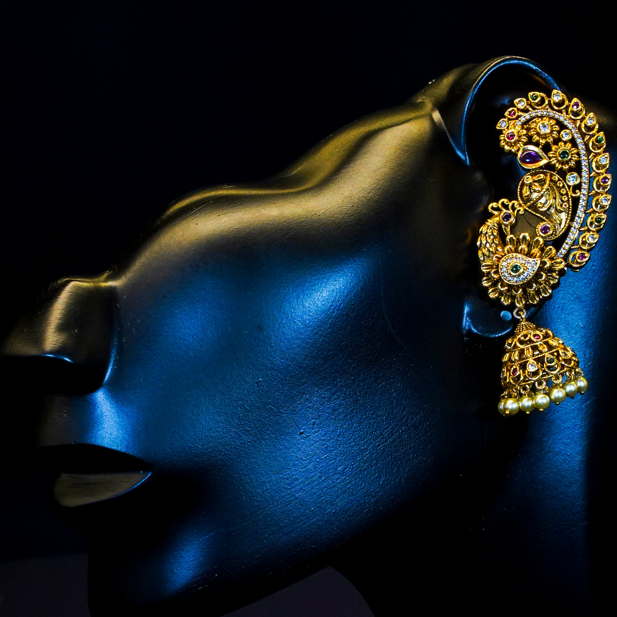 Ear cuff, peacock motif and pearls. Ahankaraka AKEC01.