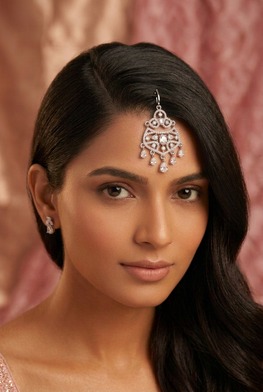 Maang tikka, set with American Diamond stones. Ahankaraka AKMT27.
