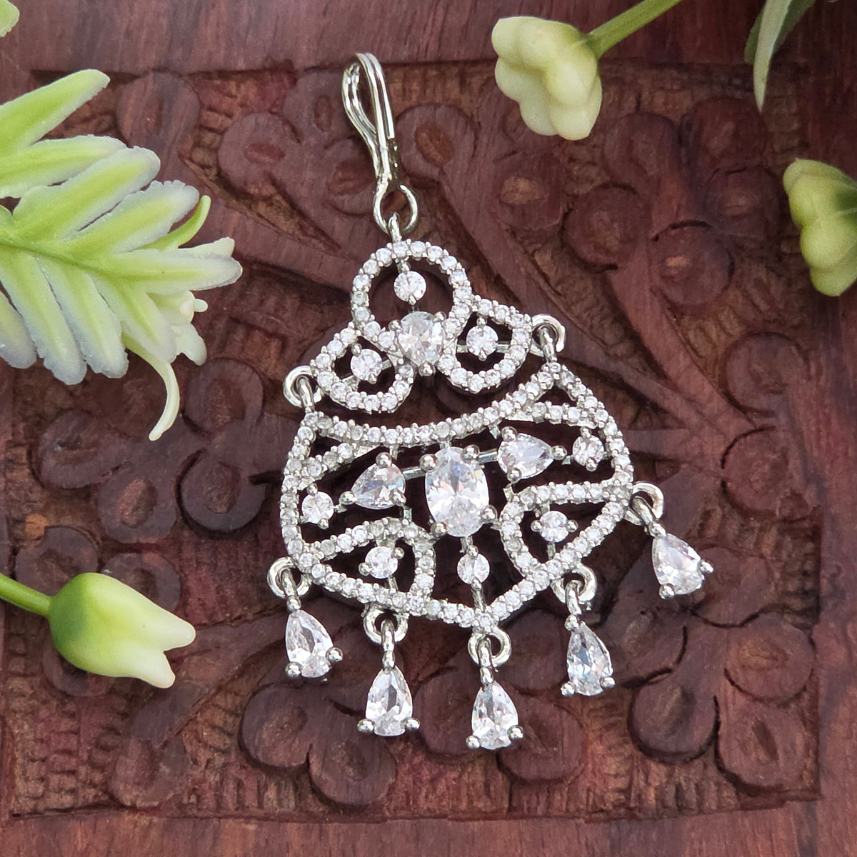 Maang tikka, set with American Diamond stones. Ahankaraka AKMT27.