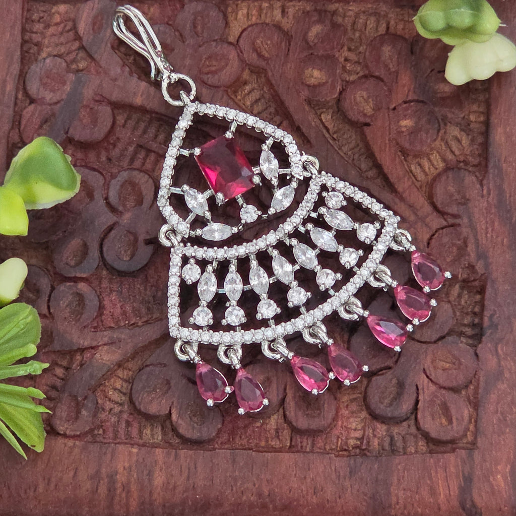 Maang tikka, set with American Diamond stones and ruby. Ahankaraka AKMT29.