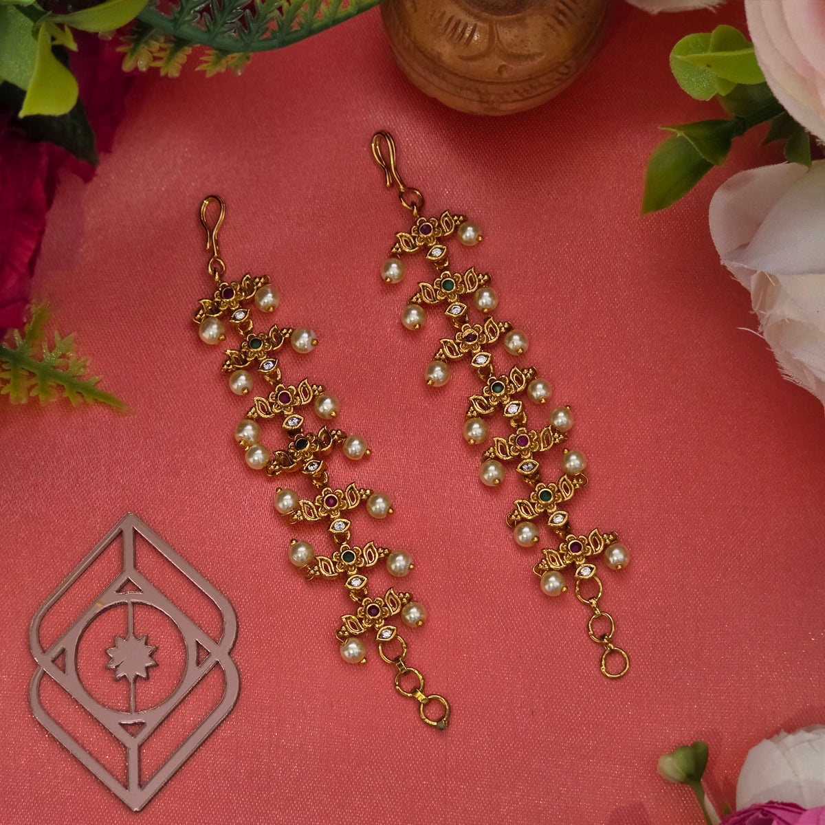 Ear chains. Floral Motif and Pearl Beads. Ahankaraka AKECH15.