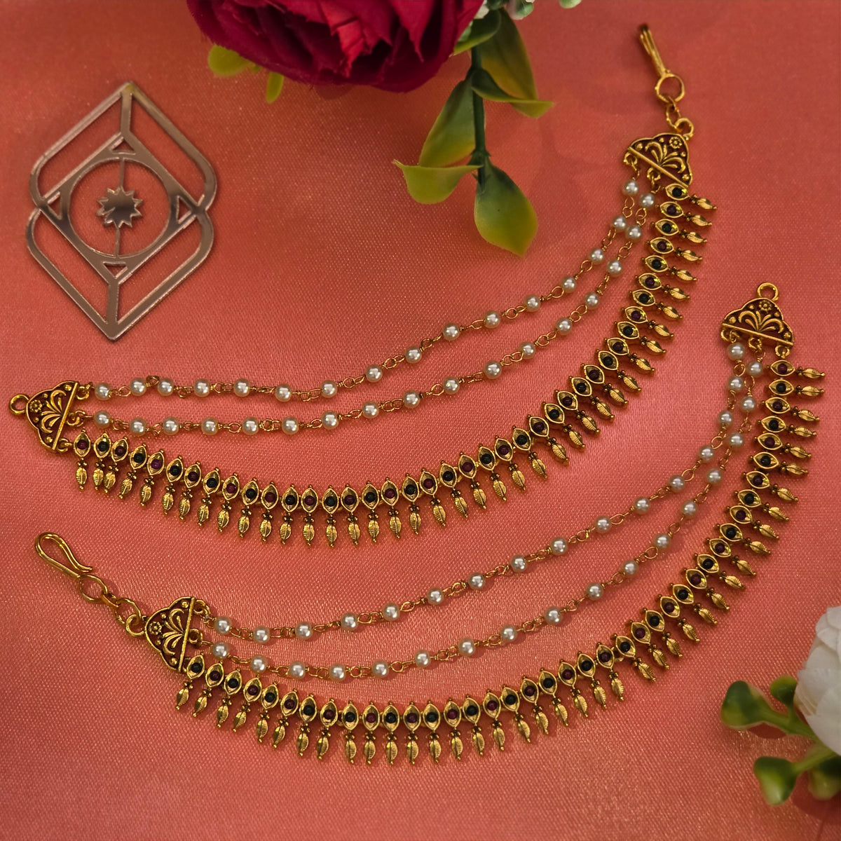 Ear chains. Multi Stones and Leaf Motif. Ahankaraka AKECH32.