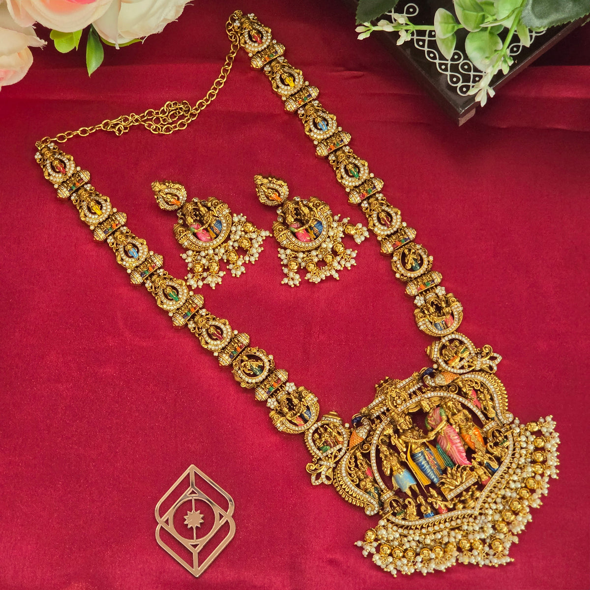 Long necklace, srinivasa kalyana motif.  set with enamel work and gold beads. Ahankaraka AKLN09.