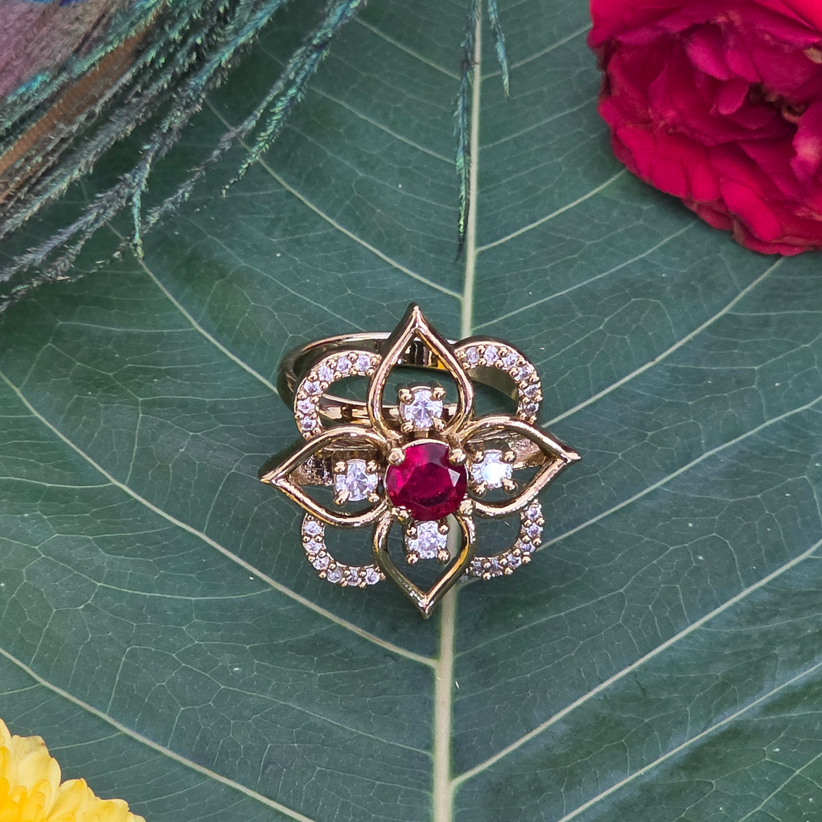 Finger ring, set with American Diamond stones and ruby. Ahankaraka AKFR06.