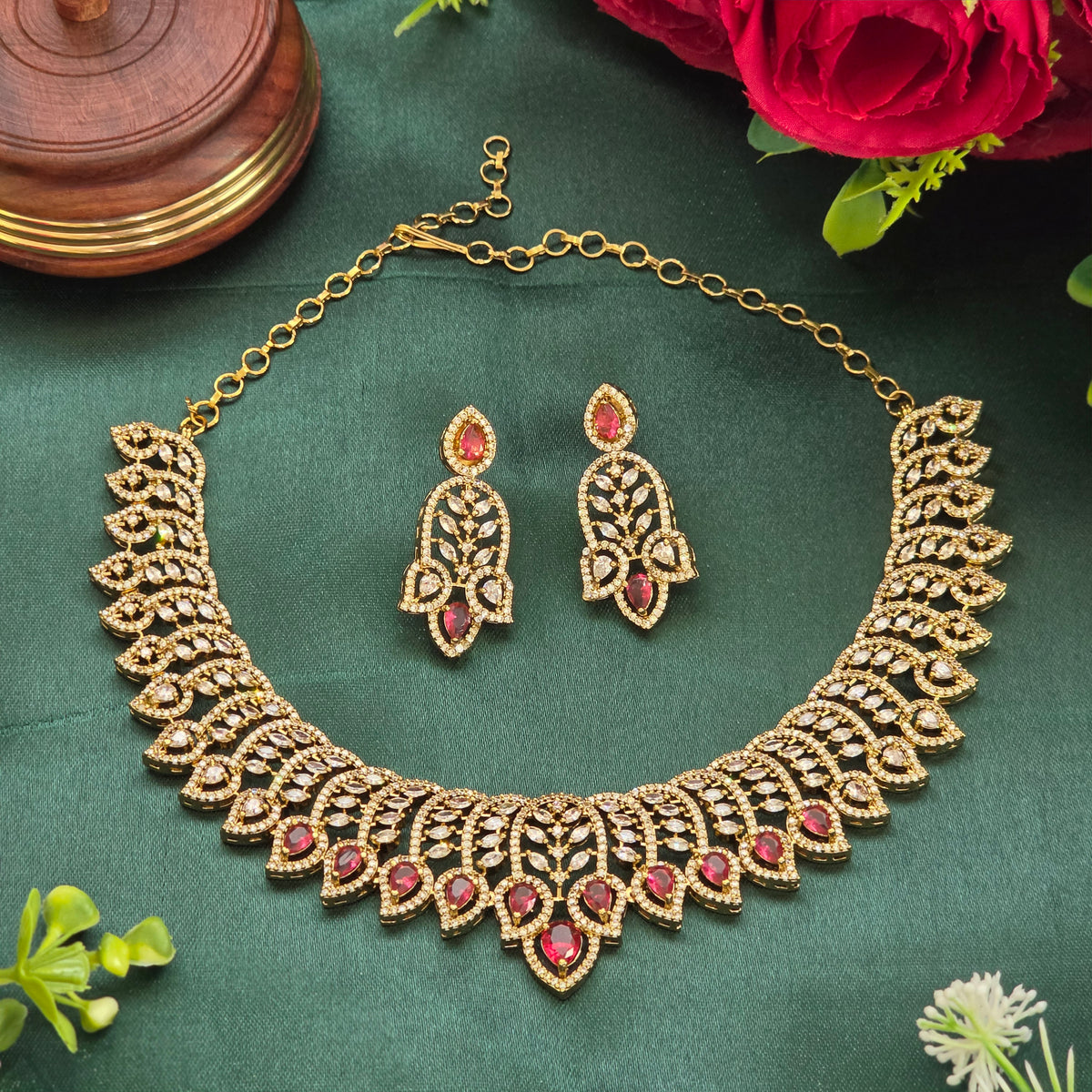 Choker necklace, set with American diamond stones and ruby-toned stones. Ahankaraka AKCK05.